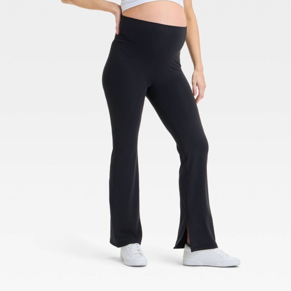 High-Rise Over Belly Slit Flare Maternity Leggings - Black XS